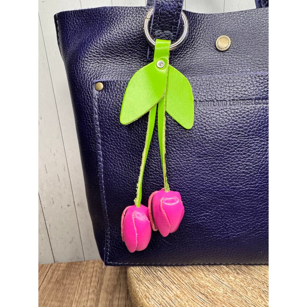 Leather Hot Pink Tulip Purse Charm Genuine Leather Pink Flower Bag Charm NEW